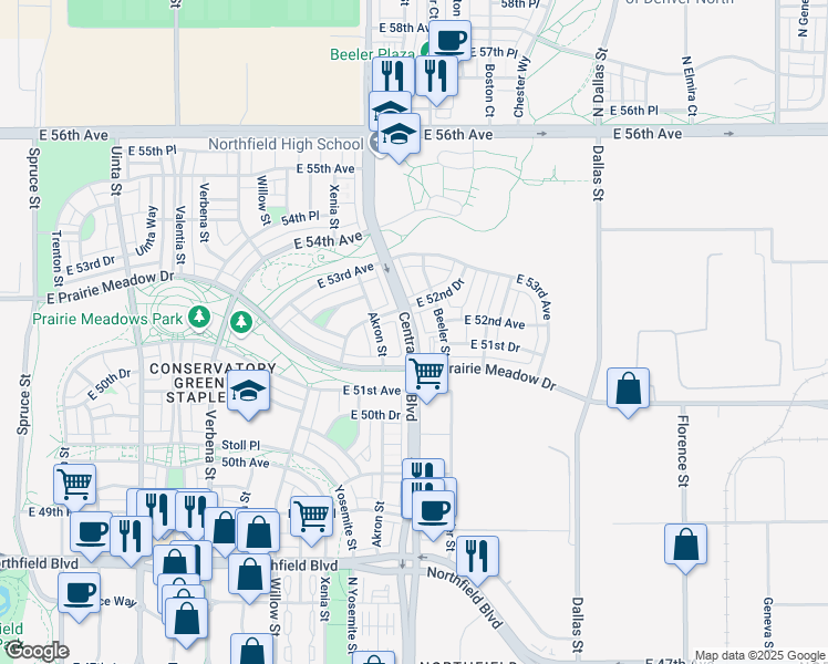 map of restaurants, bars, coffee shops, grocery stores, and more near 5185 Central Park Boulevard in Denver