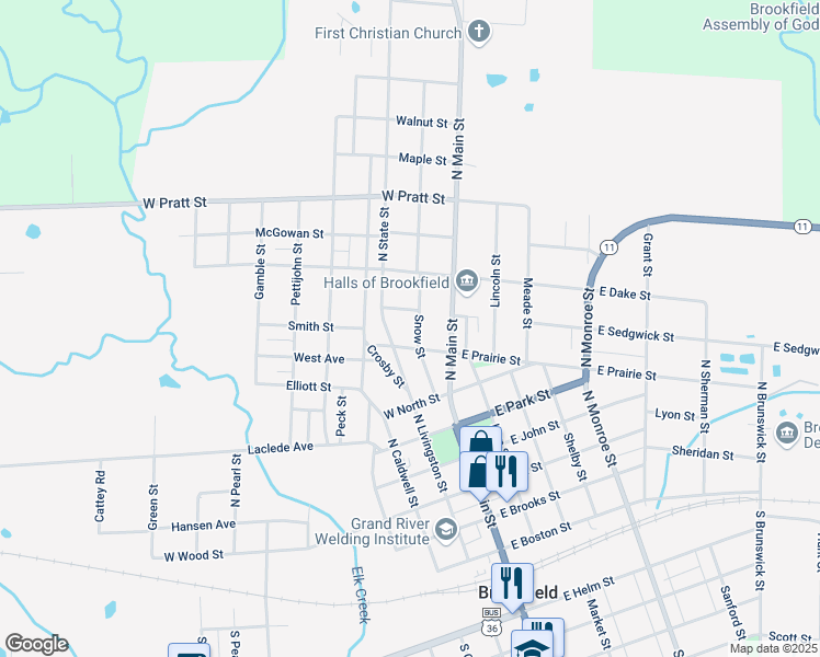 map of restaurants, bars, coffee shops, grocery stores, and more near 200-298 West Prairie Street in Brookfield