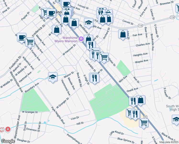 map of restaurants, bars, coffee shops, grocery stores, and more near 200 Oliver Street in Hanover