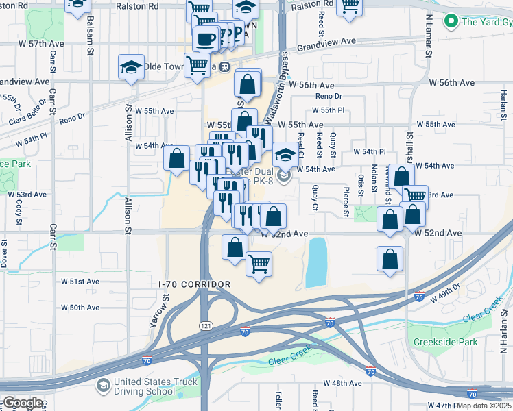 map of restaurants, bars, coffee shops, grocery stores, and more near 5290 Vance Street in Arvada