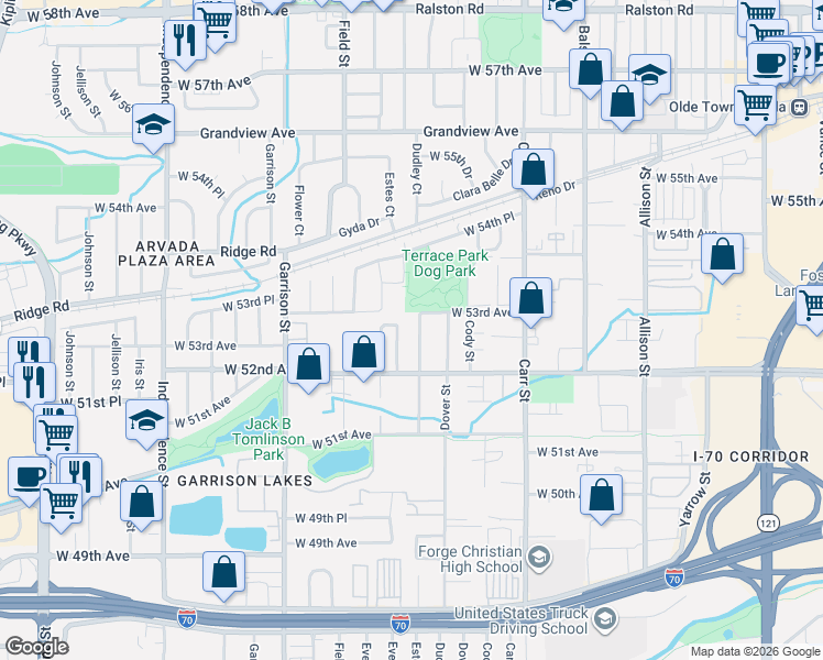 map of restaurants, bars, coffee shops, grocery stores, and more near 5275 Dudley Street in Arvada