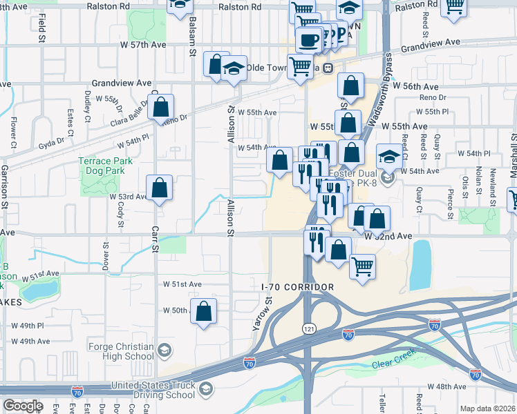 map of restaurants, bars, coffee shops, grocery stores, and more near 7781 West 52nd Avenue in Arvada