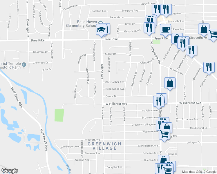 map of restaurants, bars, coffee shops, grocery stores, and more near 4663 Hedgewood Avenue in Dayton