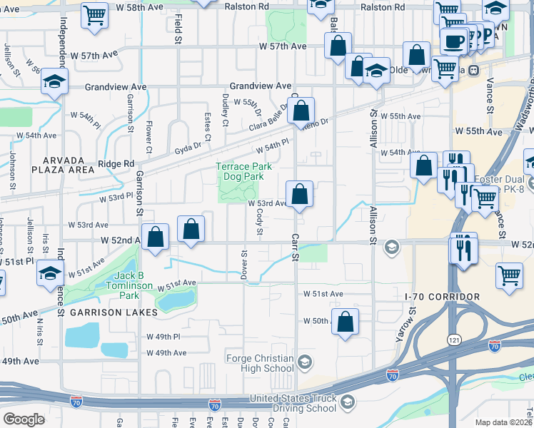 map of restaurants, bars, coffee shops, grocery stores, and more near 5274 Cody Street in Arvada