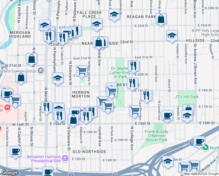 map of restaurants, bars, coffee shops, grocery stores, and more near 1901 Ruckle Street in Indianapolis