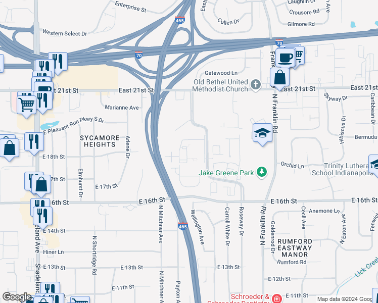 map of restaurants, bars, coffee shops, grocery stores, and more near 1714 Wellington Avenue in Indianapolis