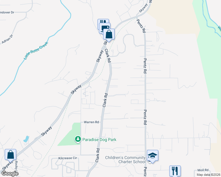 map of restaurants, bars, coffee shops, grocery stores, and more near 7130 Clark Road in Paradise