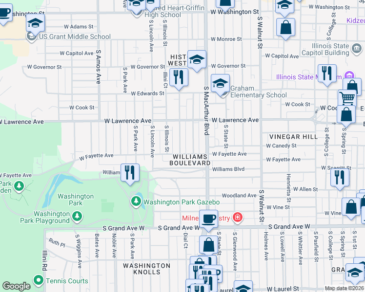 map of restaurants, bars, coffee shops, grocery stores, and more near 1069-1099 West Fayette Avenue in Springfield