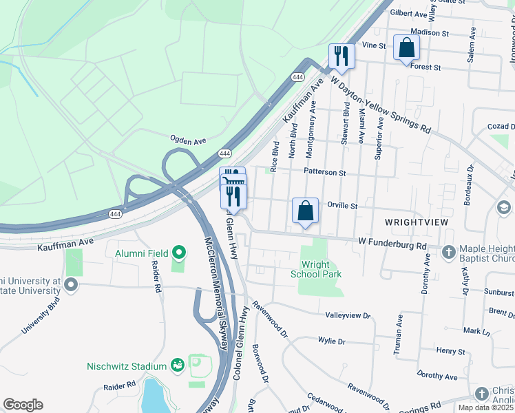 map of restaurants, bars, coffee shops, grocery stores, and more near 1864 Burrowes Boulevard in Fairborn
