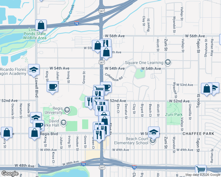 map of restaurants, bars, coffee shops, grocery stores, and more near 2889 West Parkside Place in Denver