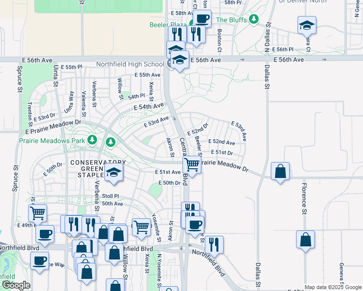 map of restaurants, bars, coffee shops, grocery stores, and more near 5185 Central Park Boulevard in Denver