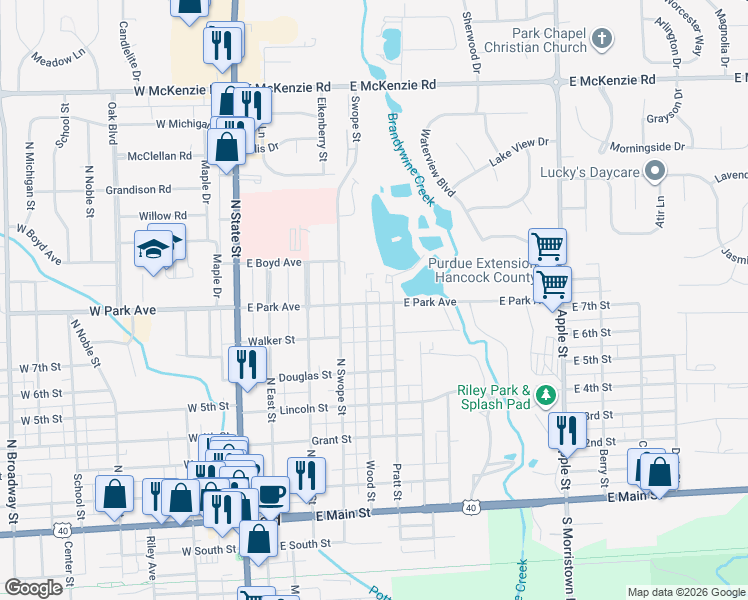 map of restaurants, bars, coffee shops, grocery stores, and more near 611 Wood Street in Greenfield