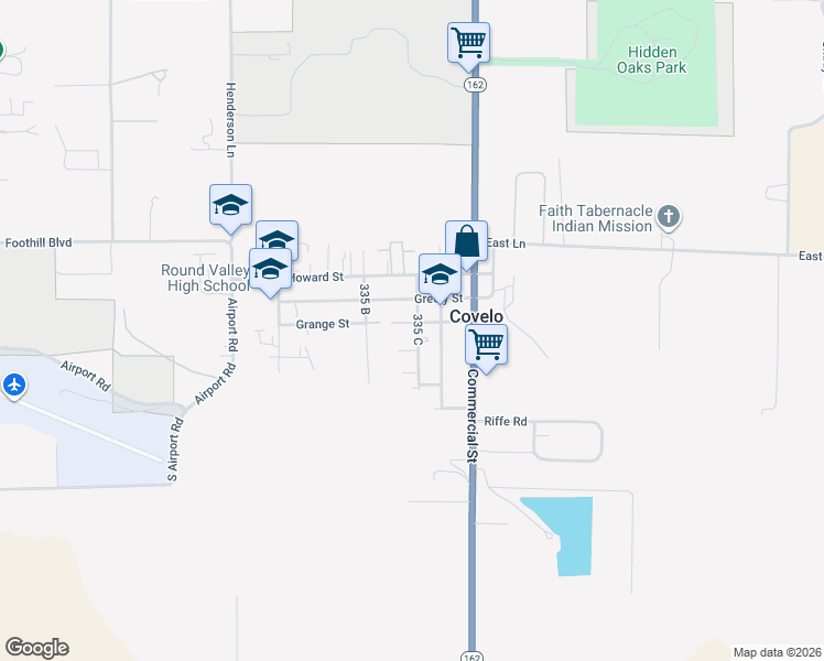 map of restaurants, bars, coffee shops, grocery stores, and more near School Street in Covelo