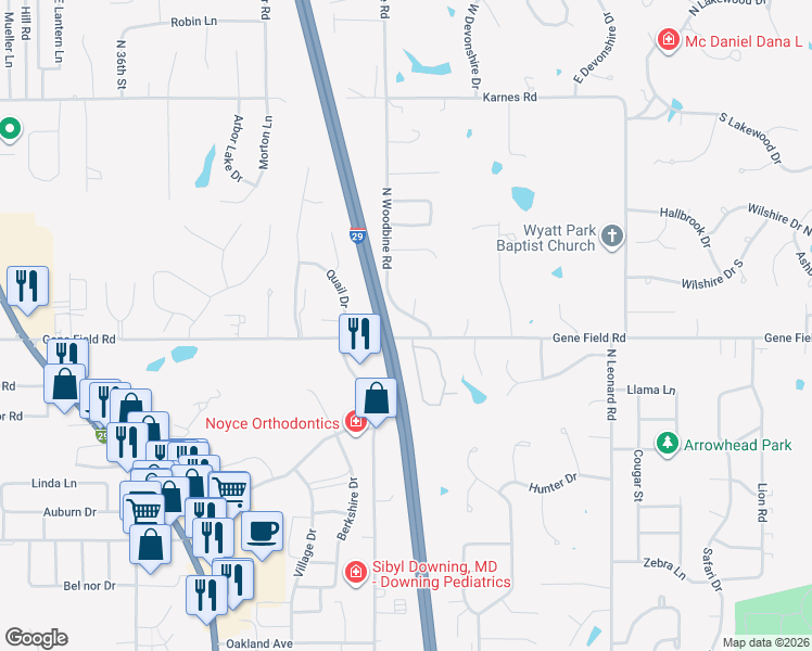 map of restaurants, bars, coffee shops, grocery stores, and more near 2704 North Woodbine Road in Saint Joseph
