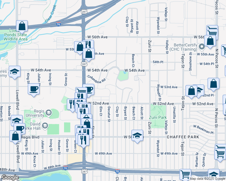 map of restaurants, bars, coffee shops, grocery stores, and more near 2777 West Parkside Place in Denver