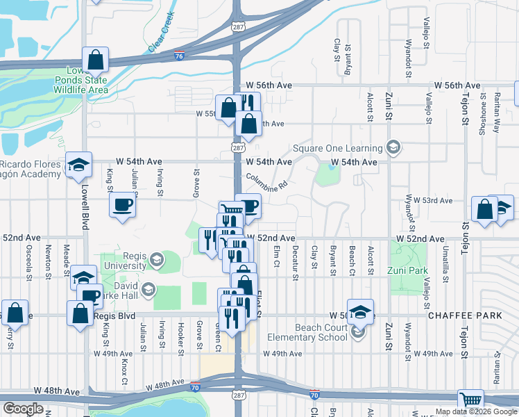 map of restaurants, bars, coffee shops, grocery stores, and more near 2889 West Parkside Place in Denver