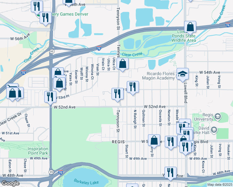 map of restaurants, bars, coffee shops, grocery stores, and more near 5254 Tennyson Street in Denver