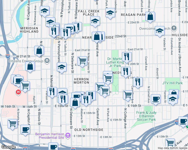 map of restaurants, bars, coffee shops, grocery stores, and more near 1836 Central Avenue in Indianapolis