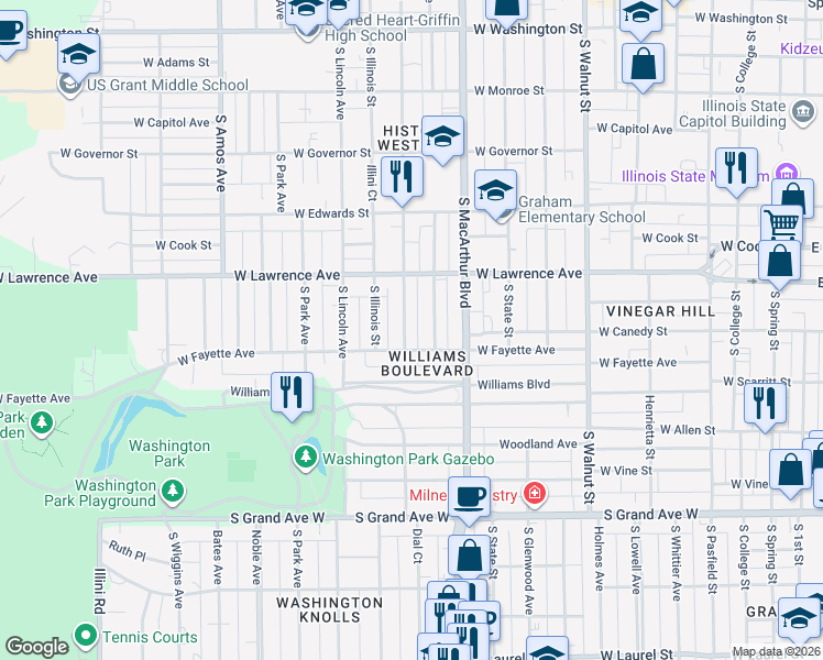 map of restaurants, bars, coffee shops, grocery stores, and more near 1069-1099 West Fayette Avenue in Springfield
