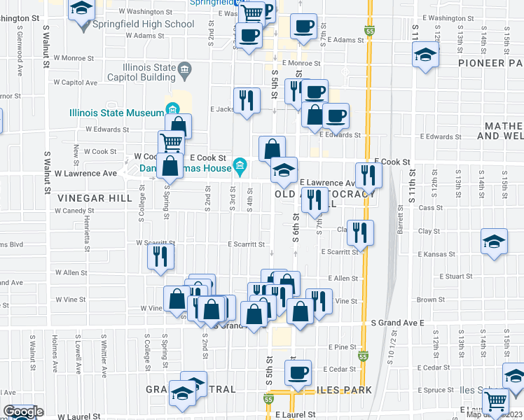 map of restaurants, bars, coffee shops, grocery stores, and more near 419 East Canedy Street in Springfield