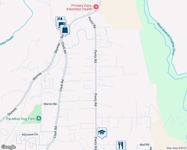 map of restaurants, bars, coffee shops, grocery stores, and more near 7109 Pentz Road in Paradise