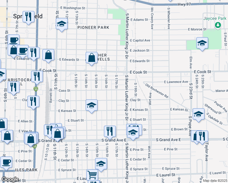 map of restaurants, bars, coffee shops, grocery stores, and more near 901 South 17th Street in Springfield