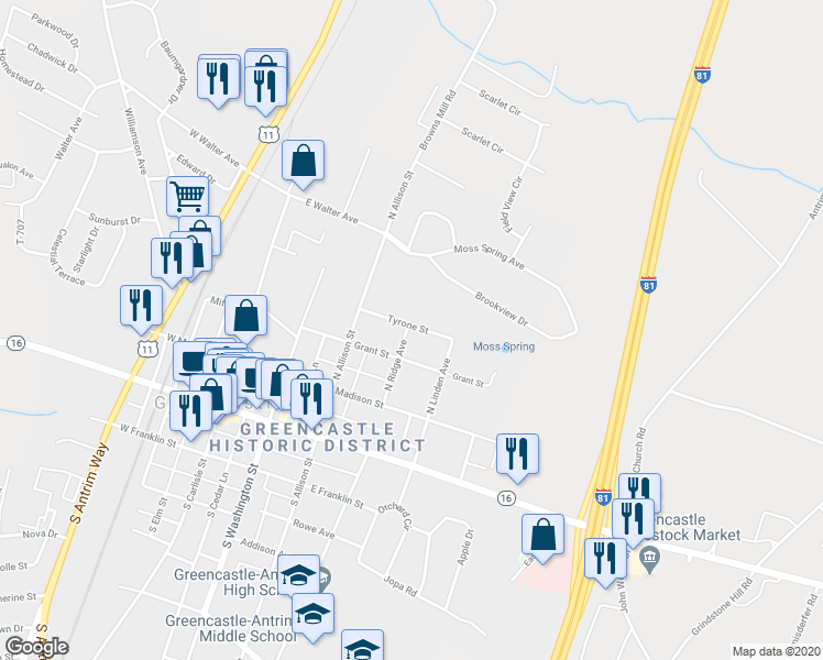 map of restaurants, bars, coffee shops, grocery stores, and more near 303 Tyrone Street in Greencastle
