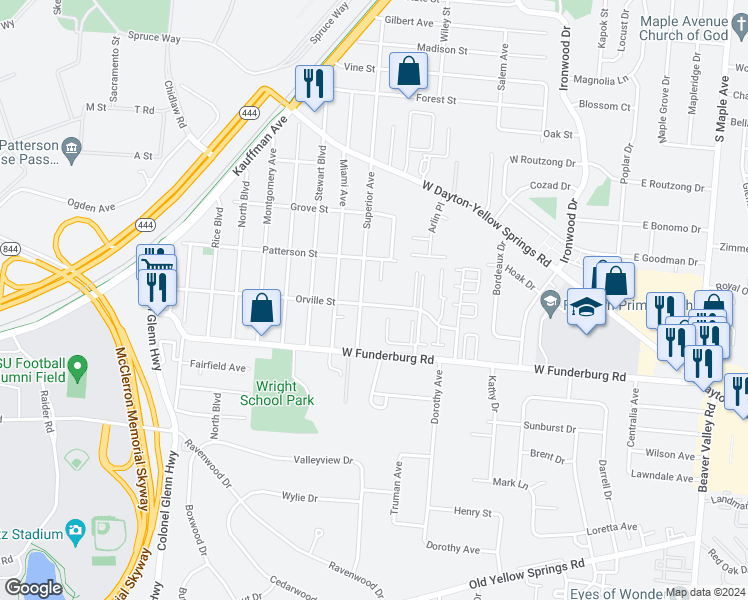 map of restaurants, bars, coffee shops, grocery stores, and more near 301 Orville Street in Fairborn