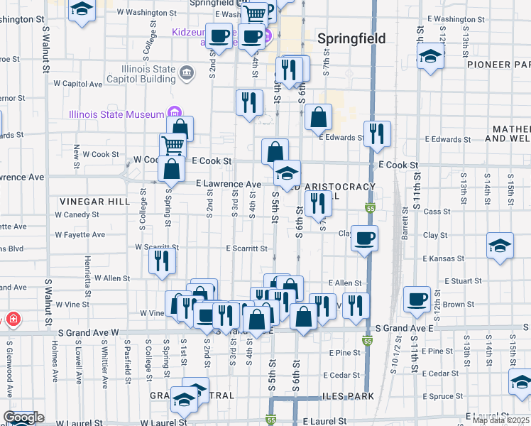 map of restaurants, bars, coffee shops, grocery stores, and more near 417 East Canedy Street in Springfield