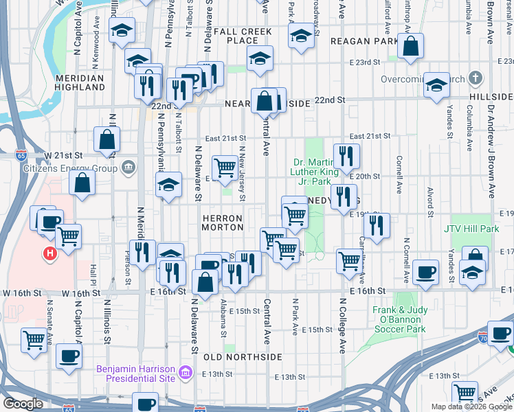 map of restaurants, bars, coffee shops, grocery stores, and more near 1836 Central Avenue in Indianapolis