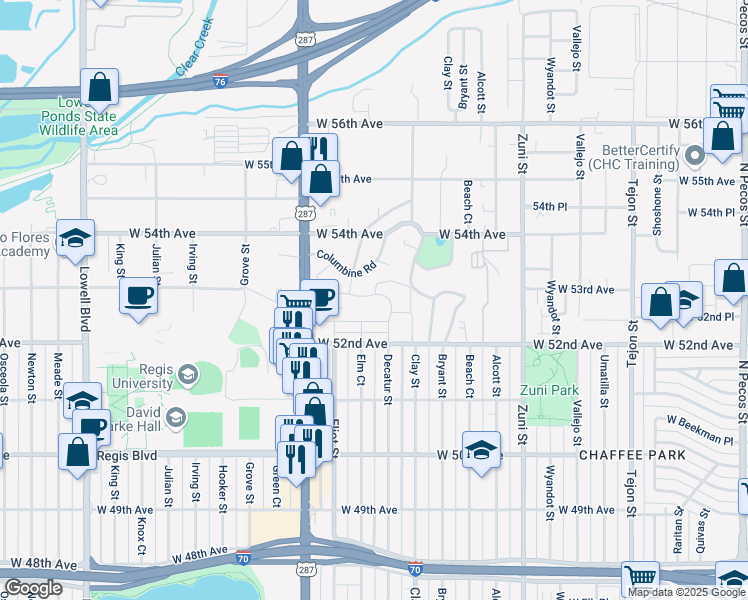 map of restaurants, bars, coffee shops, grocery stores, and more near 2812 West 53rd Avenue in Denver