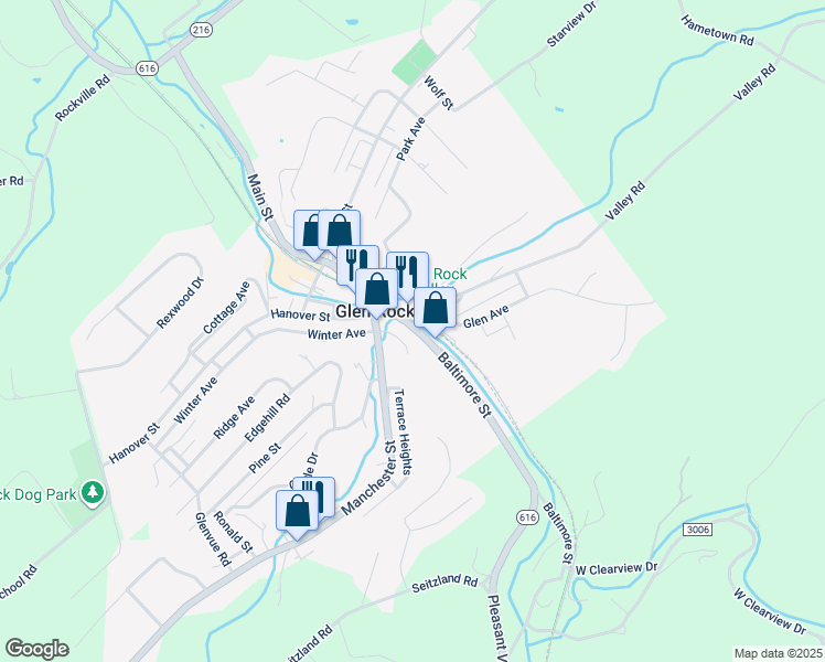map of restaurants, bars, coffee shops, grocery stores, and more near 33 Baltimore Street in Glen Rock