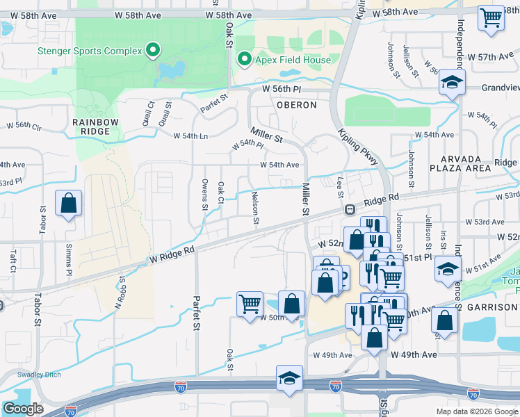 map of restaurants, bars, coffee shops, grocery stores, and more near 5300 Nelson Street in Wheat Ridge