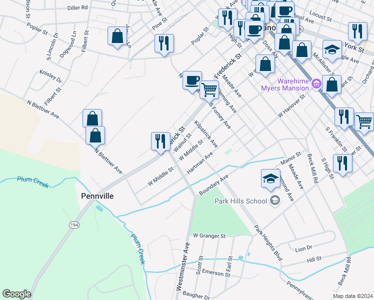 map of restaurants, bars, coffee shops, grocery stores, and more near 705 West Middle Street in Hanover