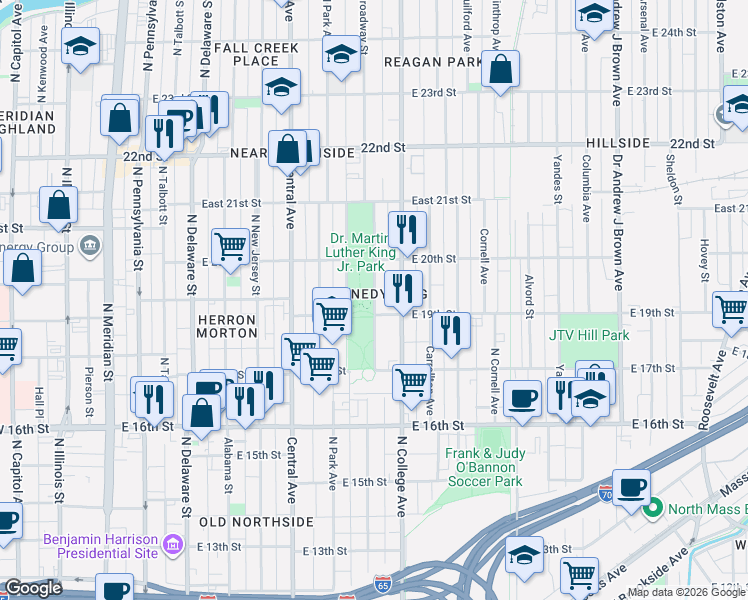 map of restaurants, bars, coffee shops, grocery stores, and more near in Indianapolis