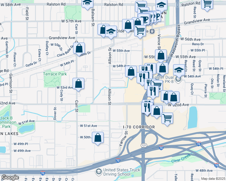 map of restaurants, bars, coffee shops, grocery stores, and more near 5206 Allison Street in Arvada