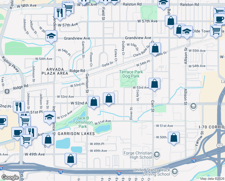 map of restaurants, bars, coffee shops, grocery stores, and more near 5221 Estes Circle in Arvada