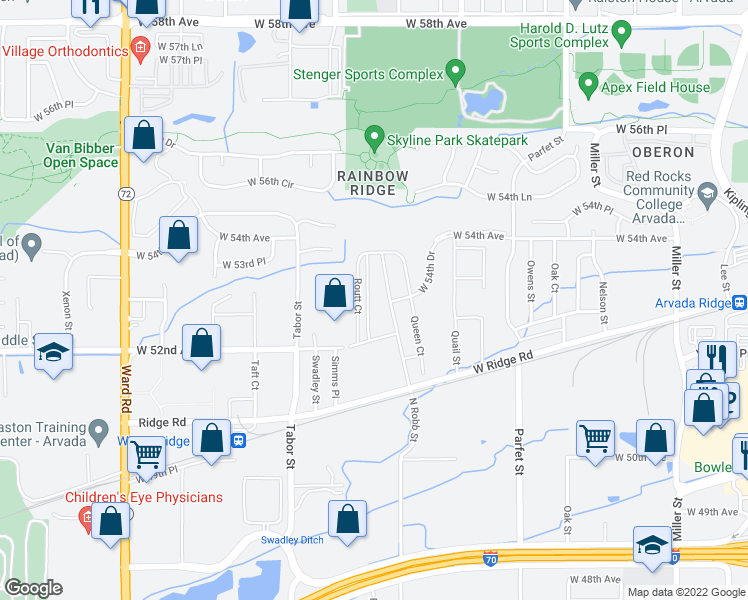 map of restaurants, bars, coffee shops, grocery stores, and more near 11721 West 52nd Avenue in Wheat Ridge