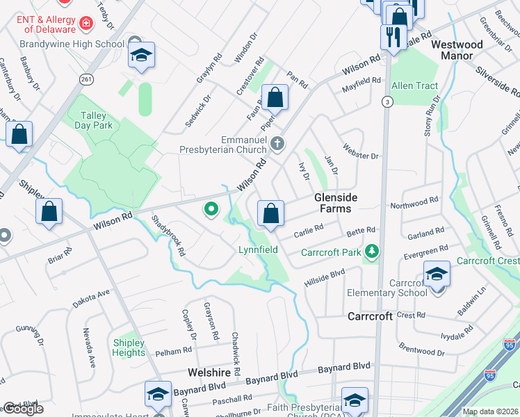 map of restaurants, bars, coffee shops, grocery stores, and more near 16 Homewood Road in Wilmington