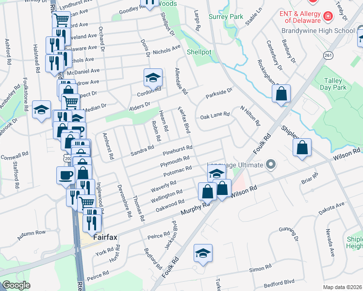 map of restaurants, bars, coffee shops, grocery stores, and more near 245 Plymouth Road in Wilmington