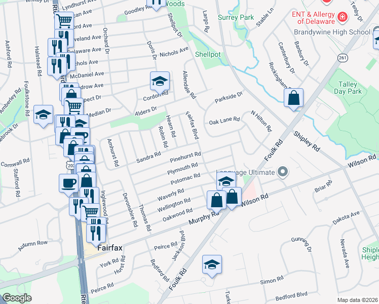 map of restaurants, bars, coffee shops, grocery stores, and more near 245 Plymouth Road in Wilmington