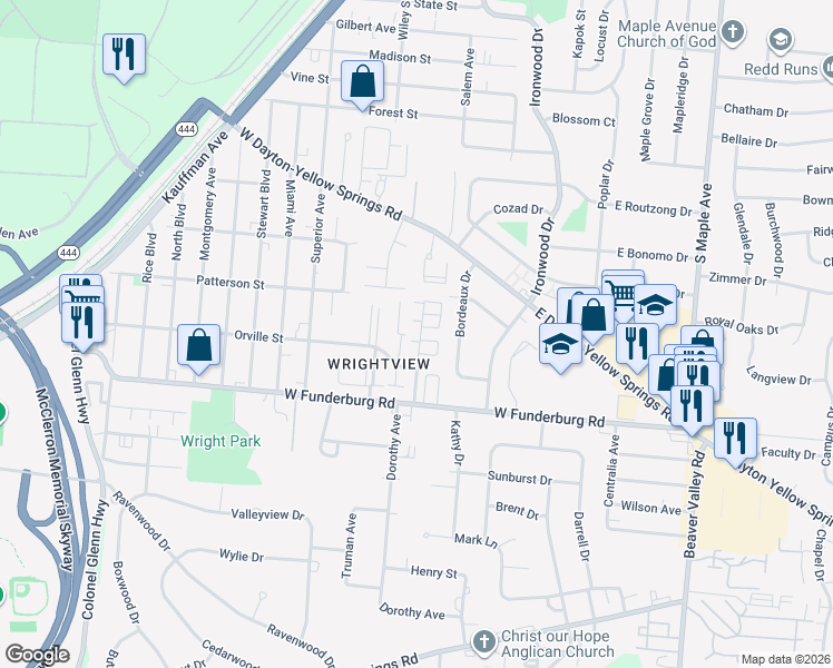 map of restaurants, bars, coffee shops, grocery stores, and more near 1850 Woodvine Street in Fairborn