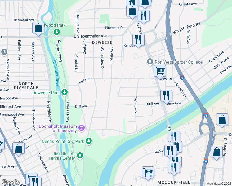 map of restaurants, bars, coffee shops, grocery stores, and more near 1902 Ontario Avenue in Dayton