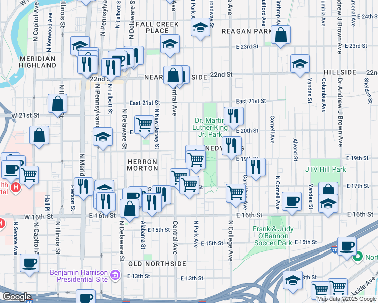 map of restaurants, bars, coffee shops, grocery stores, and more near 1901 Ruckle Street in Indianapolis