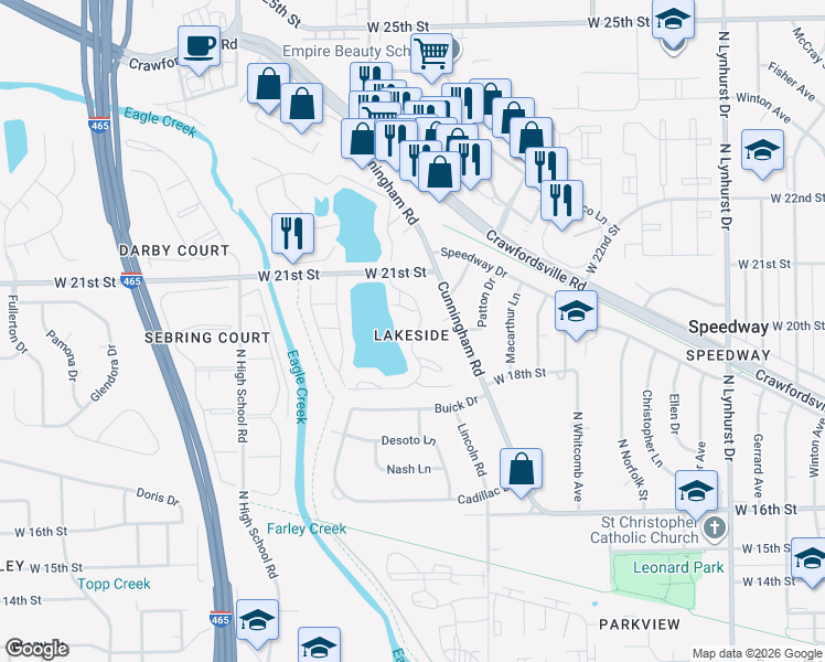 map of restaurants, bars, coffee shops, grocery stores, and more near 1918 High Eagle Trail in Speedway