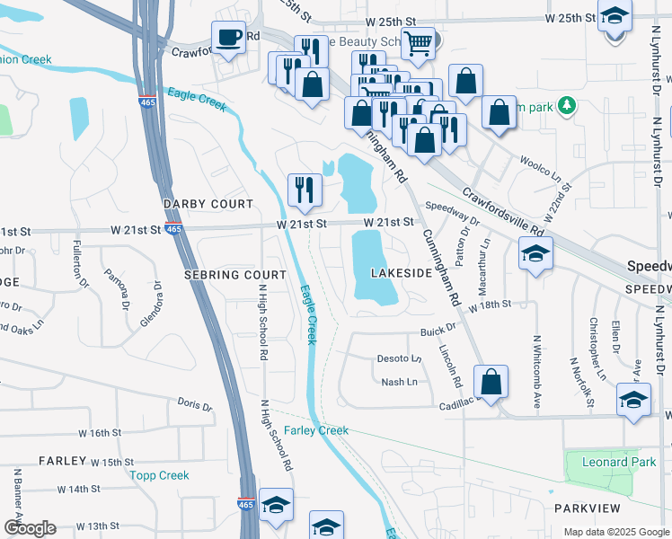 map of restaurants, bars, coffee shops, grocery stores, and more near 1910 Runaway Bay Lane in Speedway