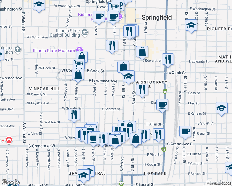 map of restaurants, bars, coffee shops, grocery stores, and more near 912 South 4th Street in Springfield