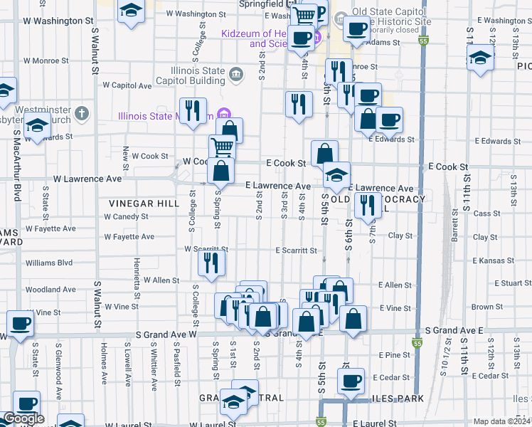 map of restaurants, bars, coffee shops, grocery stores, and more near 900 South 2nd Street in Springfield