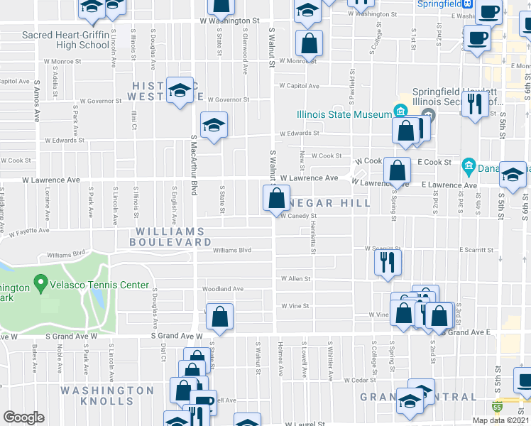 map of restaurants, bars, coffee shops, grocery stores, and more near 613 West Fayette Avenue in Springfield