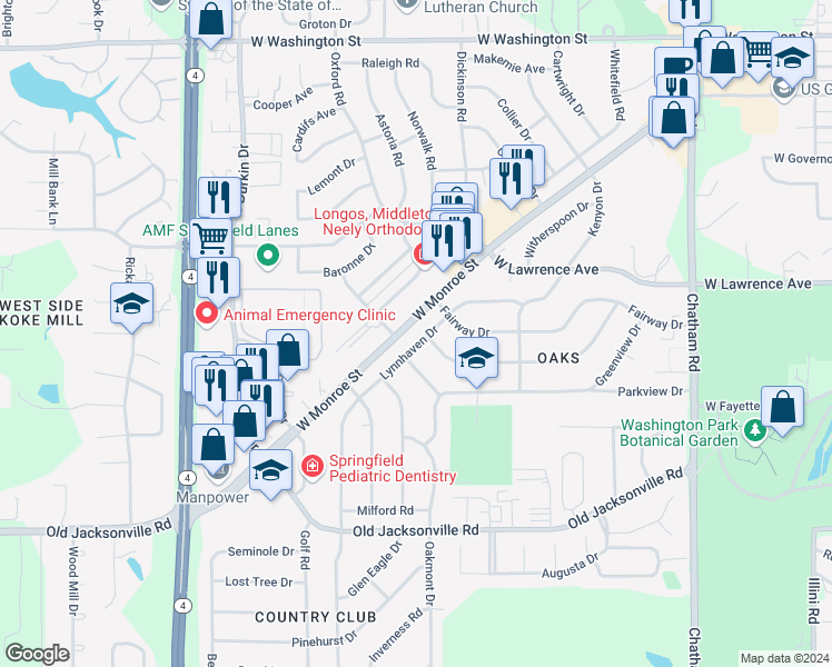 map of restaurants, bars, coffee shops, grocery stores, and more near 2200-2398 Westview Dr in Springfield